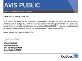 AVIS PUBLIC - BUDGET 2024-2025